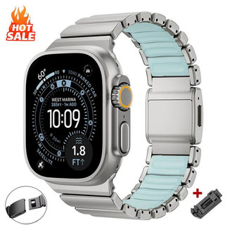 ไทเทเนียม + ซิลิโคน Band หรูหราแม่เหล็กสร้อยข้อมือสําหรับ Apple Watch Ultra 3/2/1 49 มม.S10 46 มม.สําหรับ Series 9 8 7 6 5 SE 44/45 มม.42 มม.
