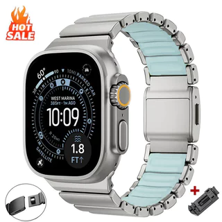 ไทเทเนียม + ซิลิโคน Band หรูหราแม่เหล็กสร้อยข้อมือสําหรับ Apple Watch Ultra 3/2/1 49มม S10 46มม สําหรับ Series 9 8 7 6 5 SE 44/45มม 42มม