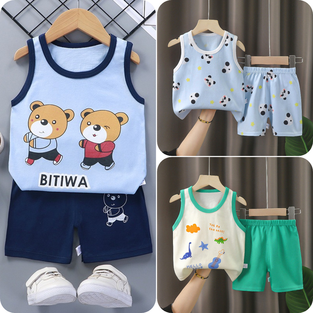 พร้อมส่ง-ใหม่ ชุดกล้ามเด็ก ชุดเด็ก 2 ชิ้น เสื้อกล้ามหน้าร้อน เนื้อผ้าcotton พิมพ์ลายสัตว์ สำหรับเด็กเล็ก🔥D218💫