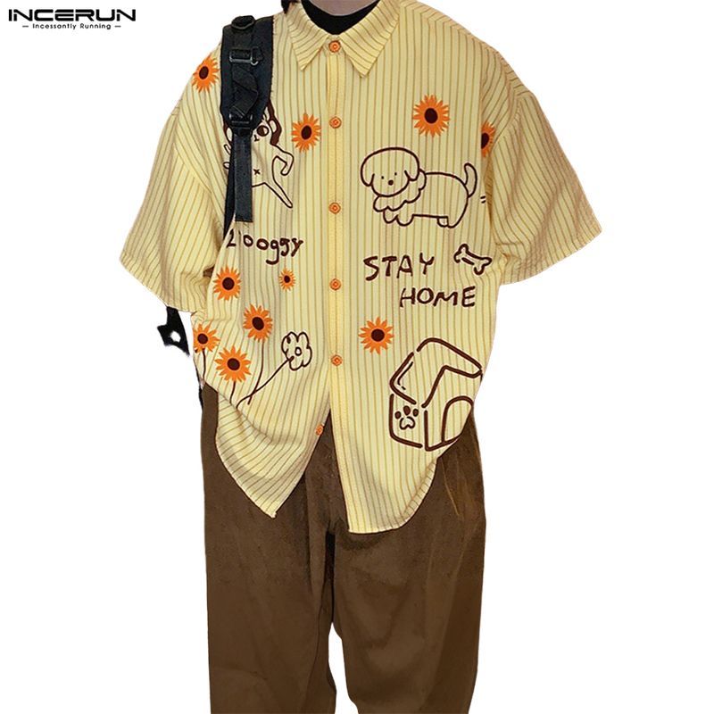 INCERUN เสื้อเชิ๊ตแขนสั้นสไตล์เกาหลีอินเทรนด์ พิมพ์ลายสนุก สไตล์โล่ง ๆ