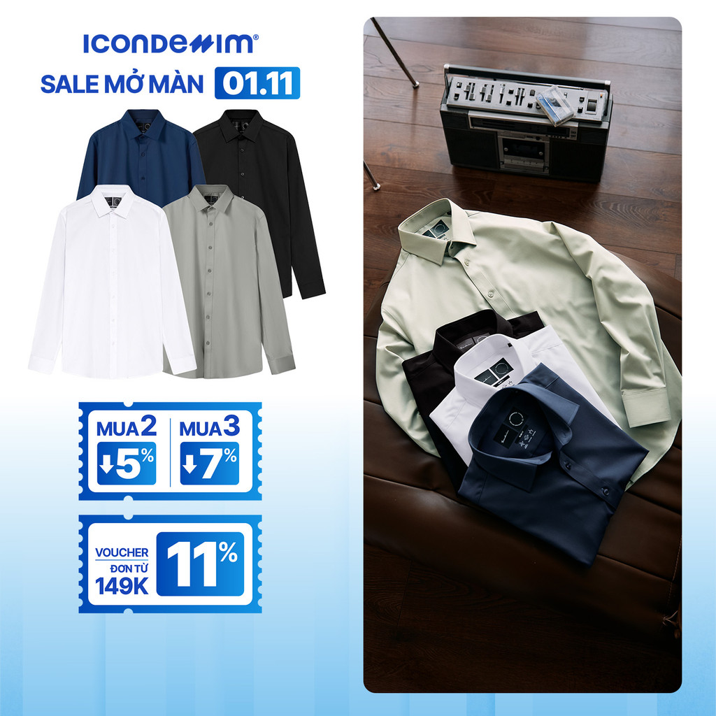 ICONDENIM เสื้อเชิ้ตแขนยาวผู้ชายคอปกเยอรมันน้ําหนักเบายืด Slim Form SPD0255