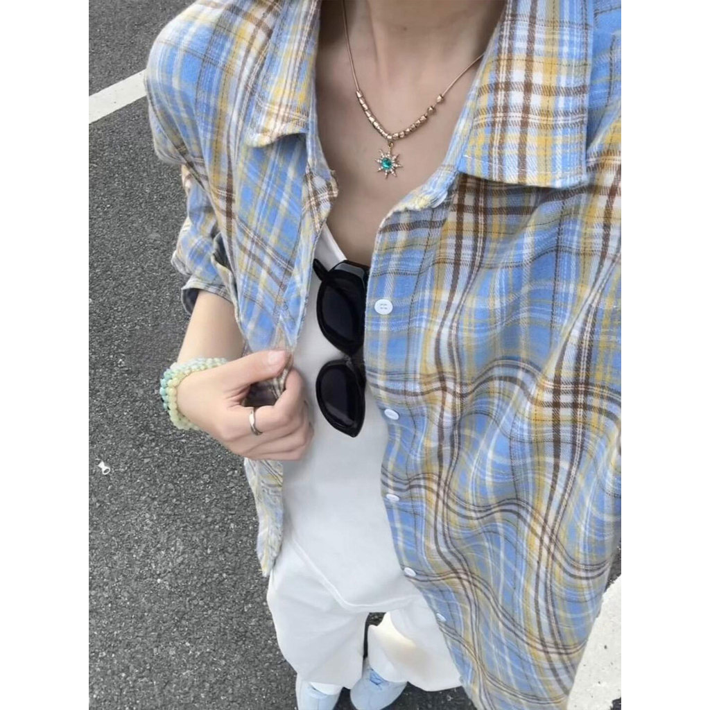 gq เสื้อเชิ้ต mave.matters เสื้อเชิ้ตลายสก็อตสีเหลืองและสีน้ำเงินสำหรับผู้ชายเสื้อเชิ้ตแขนยาวคอปก cl