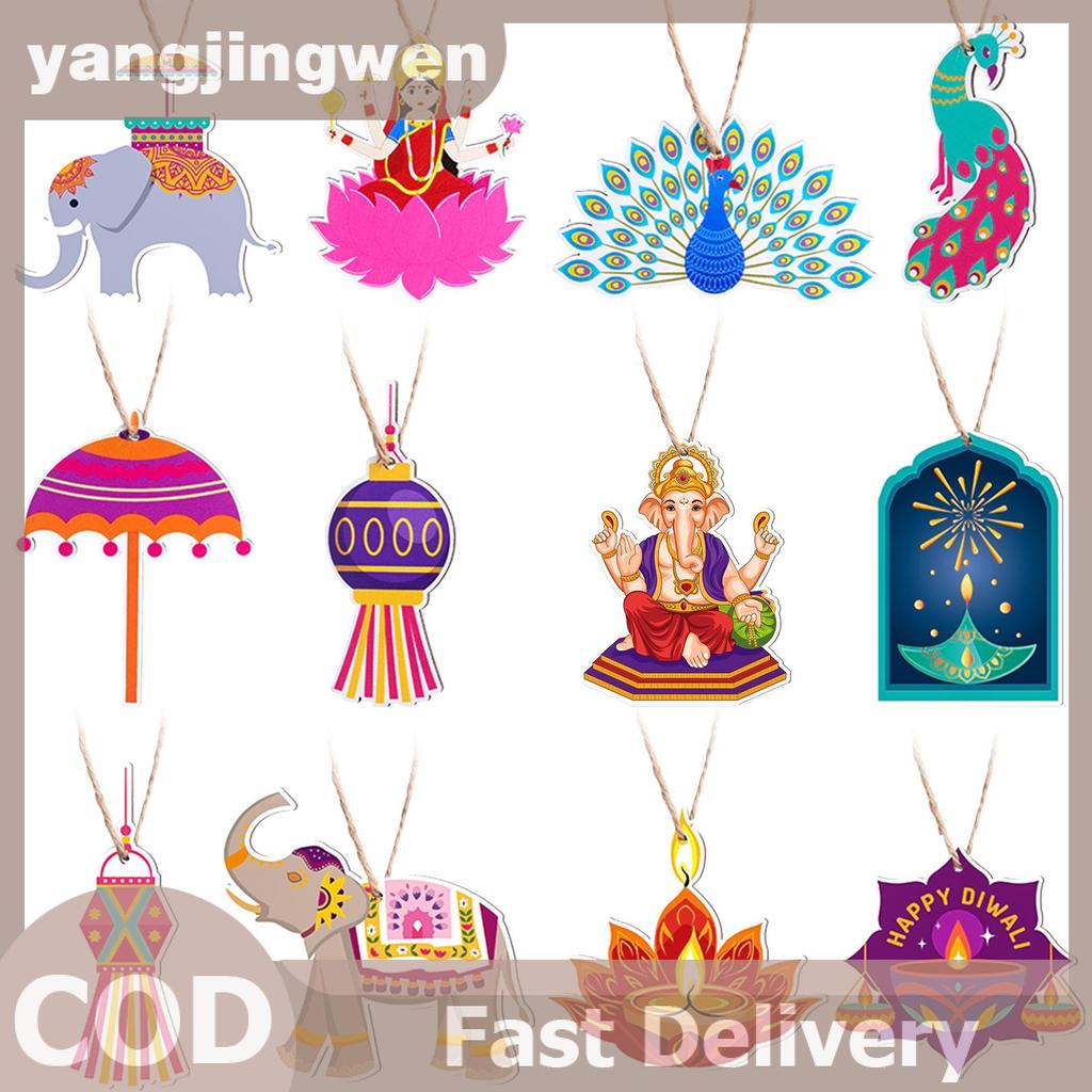 YANGWEN 36 ชิ้น Happy Diwali ไม้แขวนเครื่องประดับตกแต่งเทศกาลอินเดียของไฟ Deepavali แขวนเครื่องประดั