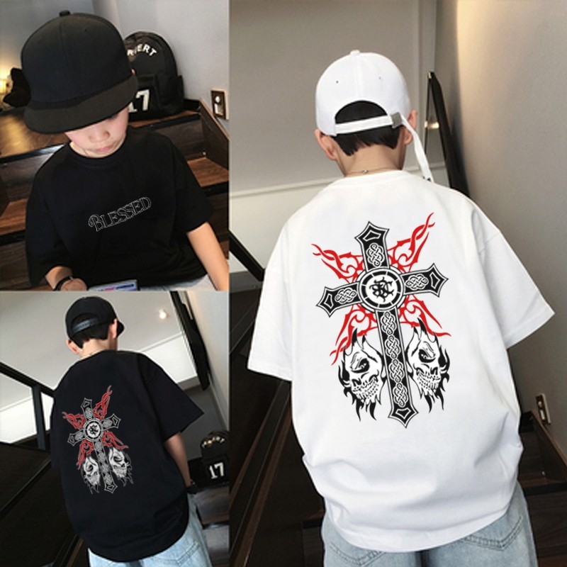 เสื้อยืดสั้นแขน Oversized สำหรับเด็กชาย เสื้ออัศวินโรงเรียนสำหรับเด็กอายุ 2-12 ปี COD ส่งเร็ว 24 ชม.