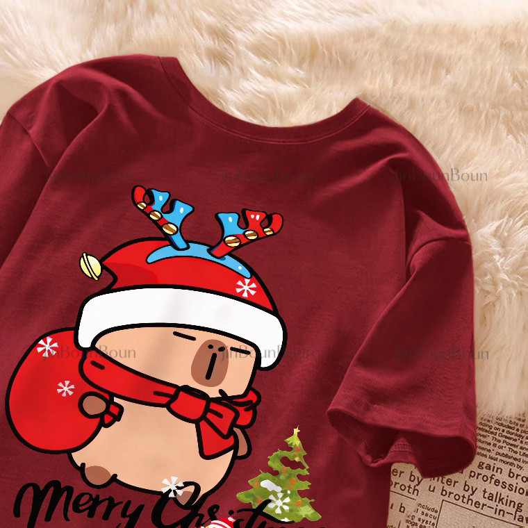 Jbb.Shop | เสื้อ christmas, เกาหลีน่ารัก Kapi Bala การพิมพ์เสื้อสีแดง