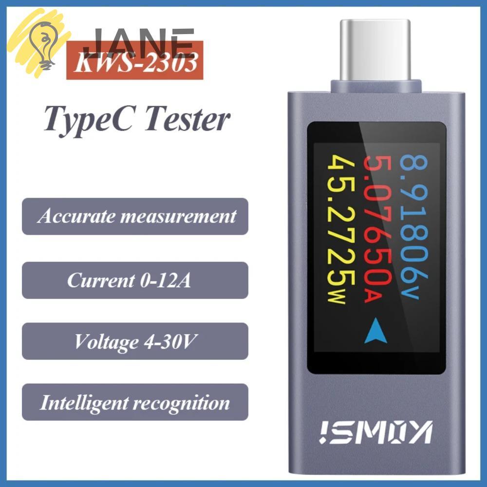 JANE Power Meter Tester, Type-C KWS-2303C Current และแรงดันไฟฟ้า, DC 4-30V 0-12A จอแสดงผล LCD PD โทร