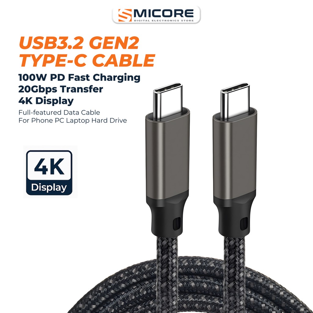 USB 3.2 10Gbps 100W สายชาร์จเร็ว Type-C ถึง Type-C รองรับ 4K การส่งข้อมูลความเร็วสูง สายเคเบิลหน้าจอ ชายกับชาย PD Protocol