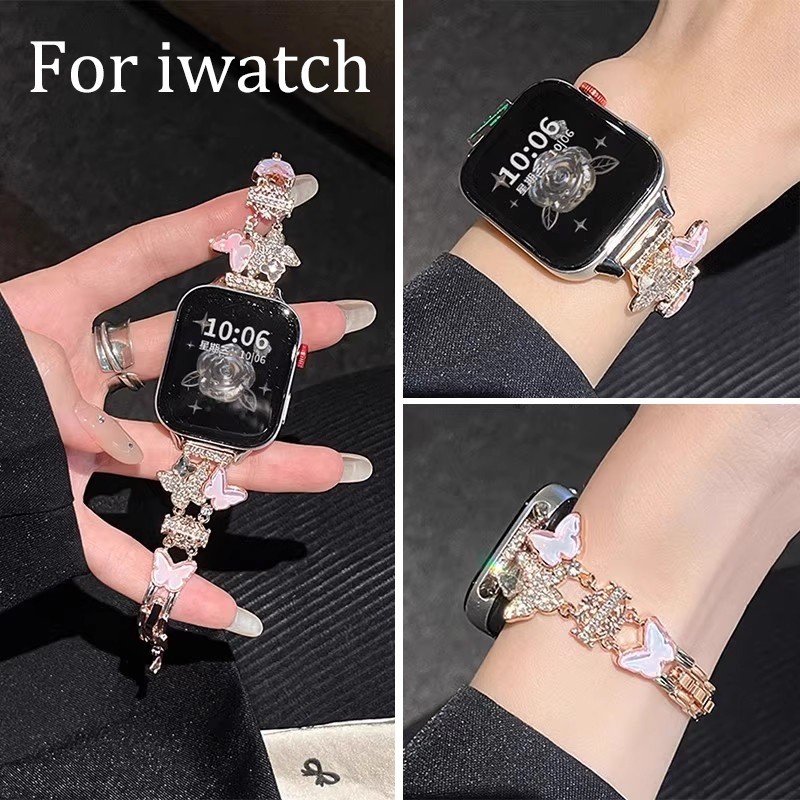 ผีเสื้อStuddedเพชรโซ่โลหะสําหรับApple Watch Ultra 2 49 มม./S11 10 42 มม.46 มม./S9 8 7 41 มม.45 มม./S6 5 4 SE 44 มม.40 มม./S3 2 1 38 มม.42 มม.,ขั้นสูงสมาร์ทนาฬิกาสําหรับIWatchสําหรับ