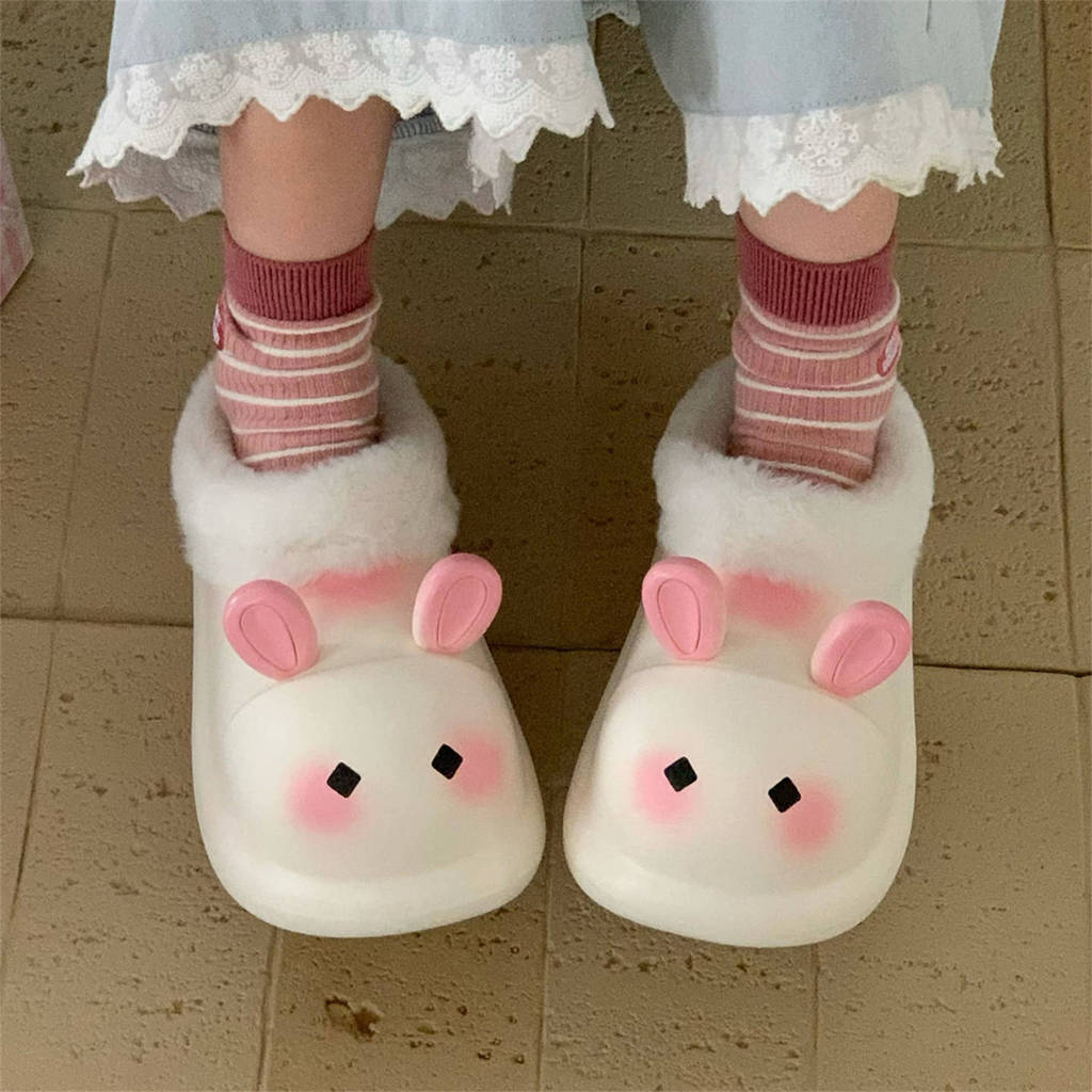 ฉี่ รองเท้าแตะผ้าฝ้ายกันน้ําน่ารักหญิงอบอุ่นสบายๆฤดูหนาวขี้เกียจกลางแจ้งบ้าน