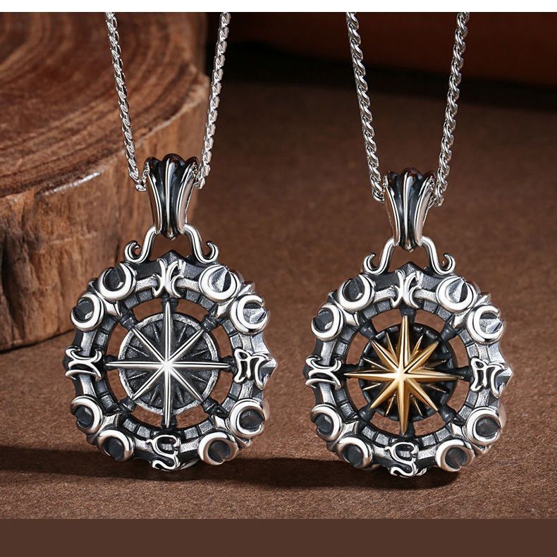 สินค้าใหม่พร้อมสต็อก Sailing Star Compass Necklace Men Hip-Hop Punk Retro Compass Pendant Polaris An