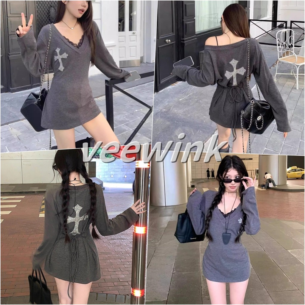 Veewink เสื้อเชิ้ตแขนยาวสไตล์สาวเกิร์ล Vคอ ลายคริสต์ประดับเพชร สายรัดเอว