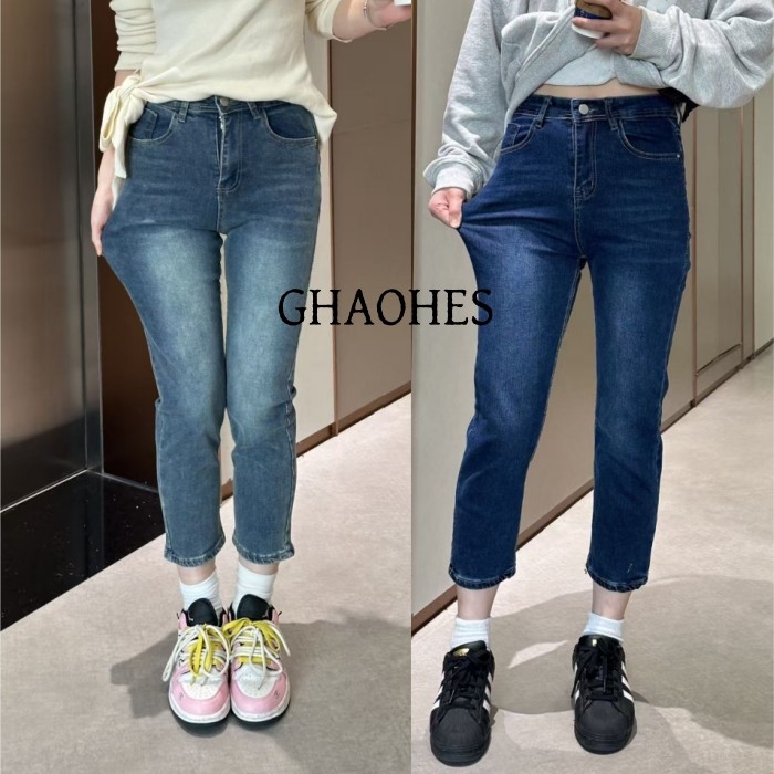 GHAOHES กางเกงยีนส์ 8 ส่วน ผ้ายีนส์ยืดขนาดใหญ่ นิ่มสบาย ทรงกระบอกตรงดูดี เหมาะสำหรับตัวเล็ก#V128
