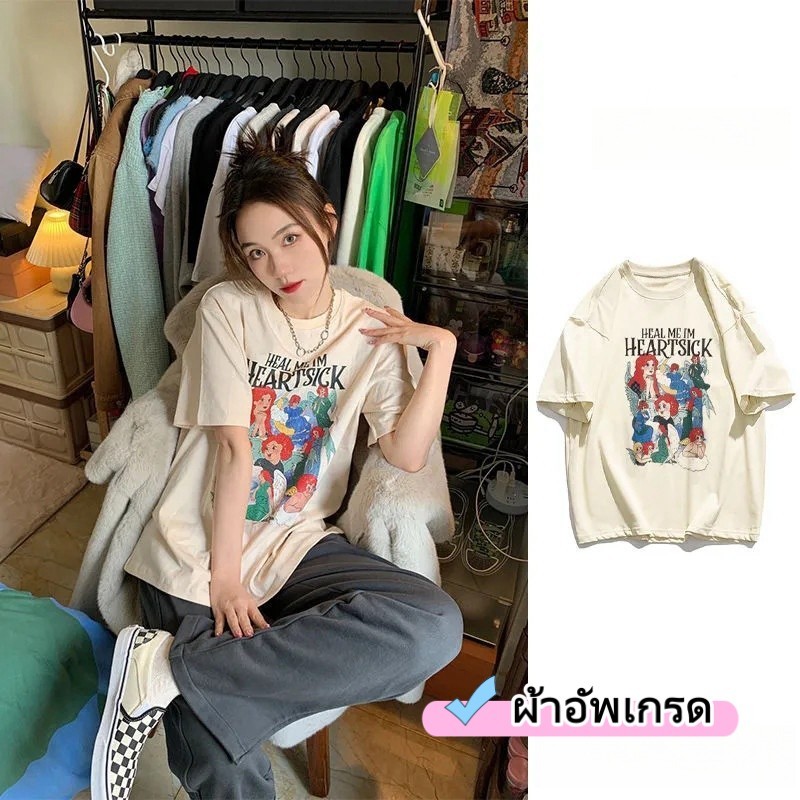 เสื้อยืดลายการ์ตูนผู้หญิงน่ารัก Oversize เสื้อผ้าย้อนยุค เวอร์ชั่นเกาหลี โอเวอร์ไซส์ พิมพ์ลายเท่ คอกลม แขนสั้น S-3XL