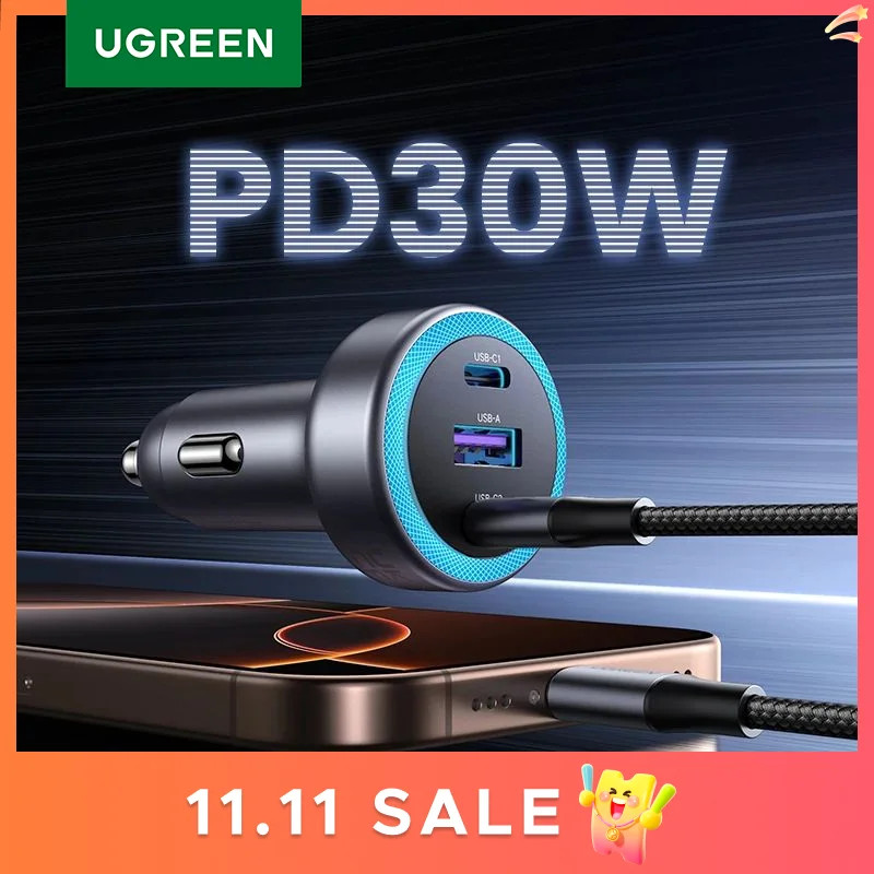 UGREEN Car Fast Phone Charger PD30W 2C1A Type C Fast Charging สําหรับแท็บเล็ต Iphone Xiaomi Huawei