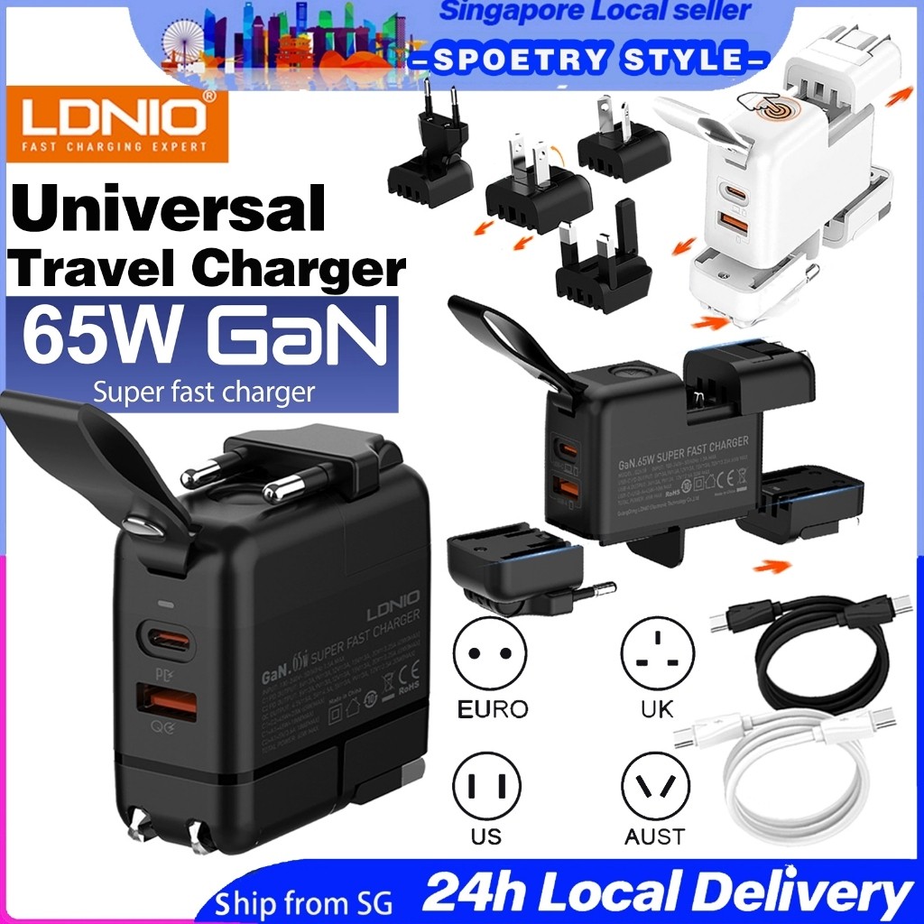 LDNIO SGLDNIO Travel Adapter 65W GaN Charger พร้อมปลั๊กเปลี่ยนได้ UK/EU/US/AU Global Universal Trave