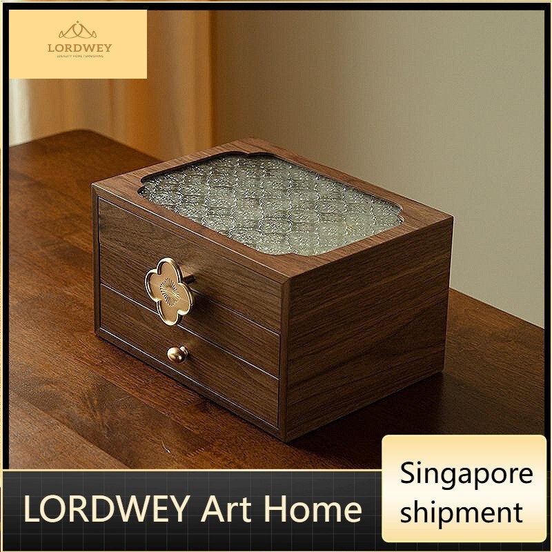 LORDWEY Wooden storage box jewelry box glass storage box wooden desktop storage box
