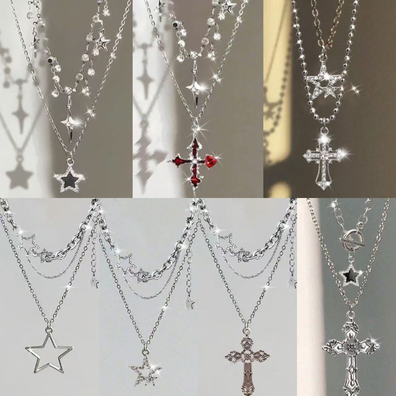 สร้อยคอแบบหลายเลเยอร์ สไตล์ casual gothic star cross สำหรับผู้หญิง