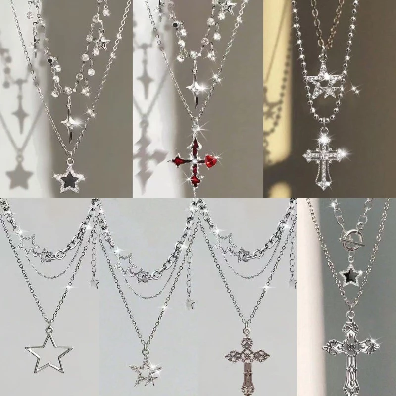 สร้อยคอแบบหลายเลเยอร์ สไตล์ casual gothic star cross สำหรับผู้หญิง