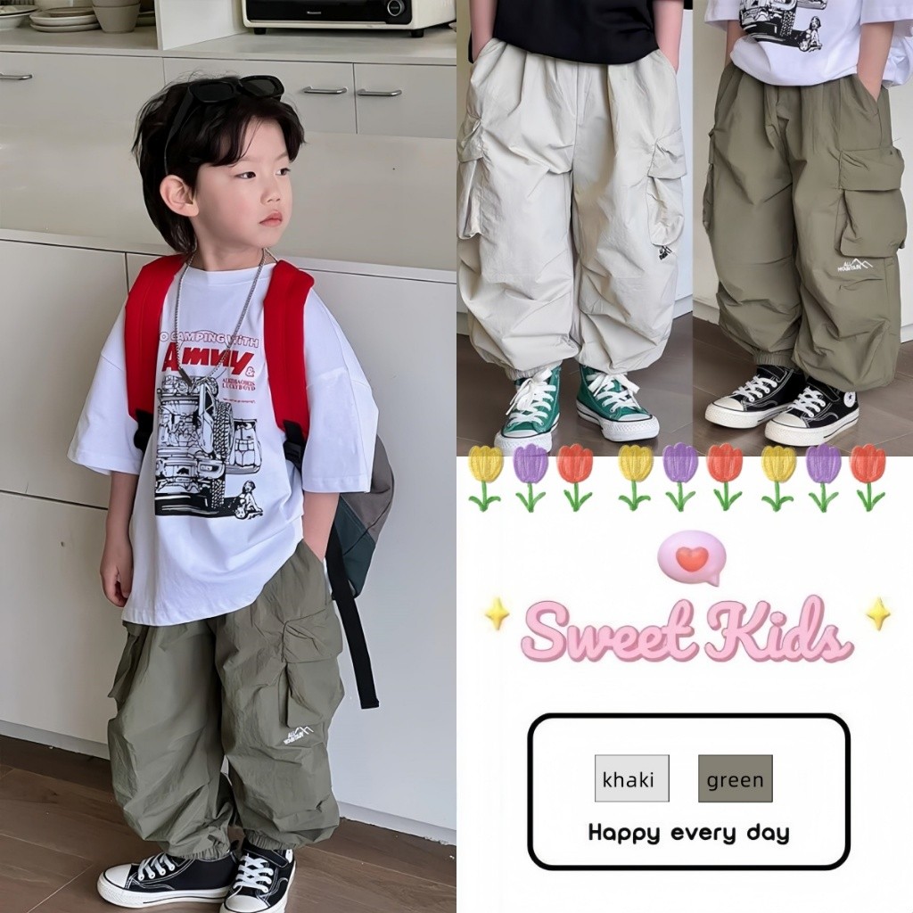 SweetKids พร้อมส่งจากกทม🌸กางเกงคาร์โก้เด็ก แฟชั่น🍓กางเกงลำลอง สไตล์เกาหลี หล่อๆเท่ๆ แบบบาง ทรงหลวม ฤดูร้อน