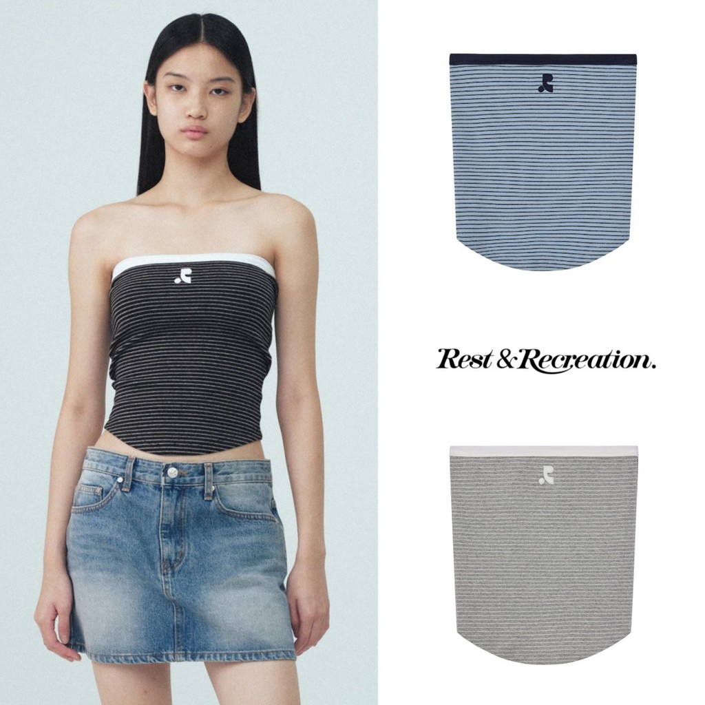 🚗Monday Muse👚Rest&Recreation RR เสื้อ Bandeau ลายทางบางปักลาย