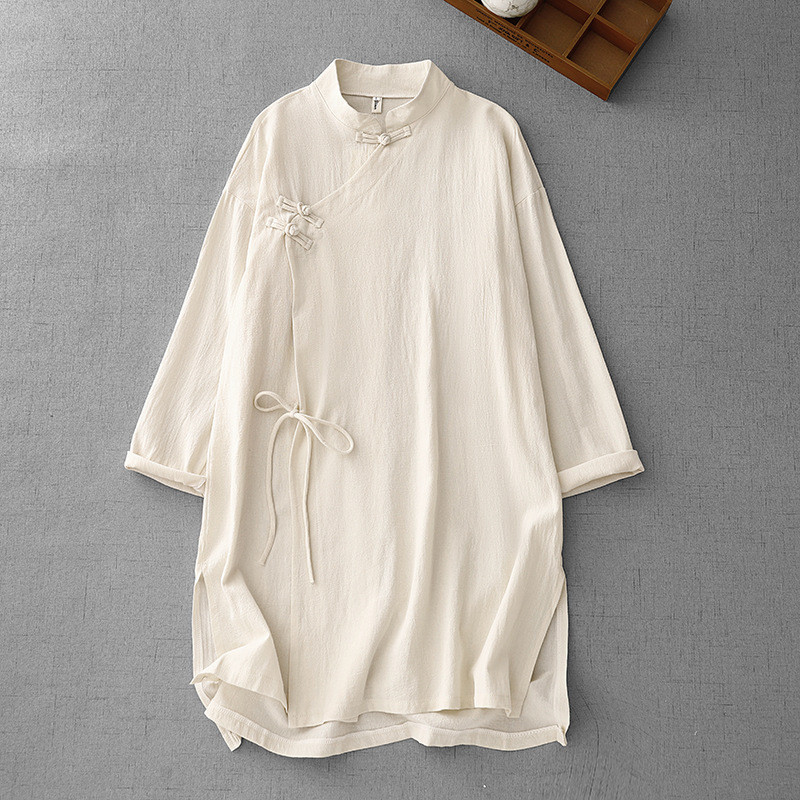 ใหม่จีนผ้าฝ้ายด้านบนความยาวกลางหัวเข็มขัดแนวทแยง Tethered Tethered ชา Zen เสื้อผ้าใหม่จีน Retro ผ้าฝ