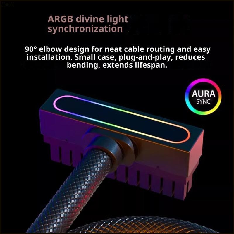 MOON 90 องศามุมสายไฟ 24PIN PC Extension Cable การเชื่อมต่อ ARGB Synchronization สําหรับเมนบอร์ด PC