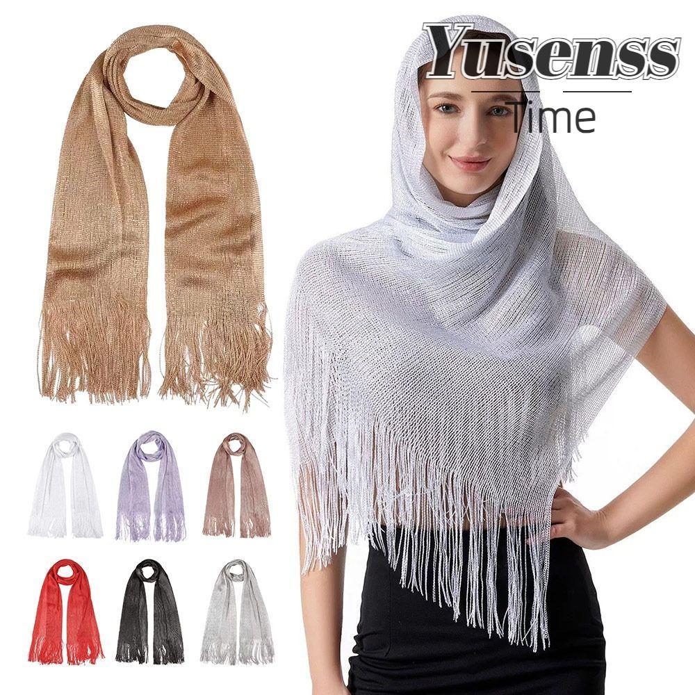 YUSEN ผ้าพันคอบางๆ สีทองเงาวับ มีลายลูกไม้และตุ่มนิวซ์ แฟชั่นเน็กเกอร์ไชน์ เหมาะสำหรับใส่ในโอกาสพิเศษ เช่น งานแต่งงานหรือราตรี