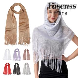 YUSEN ผ้าพันคอบางๆ สีทองเงาวับ มีลายลูกไม้และตุ่มนิวซ์ แฟชั่…