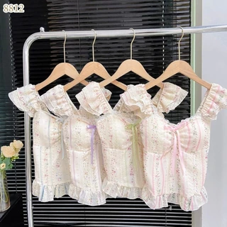 #481 เสื้อสแควร์คอดอกไม้สไตล์เกาหลีทันสมัย แต่งโบว์ ระบายแขน หวานเร้าใจ สดใสดูดี สดใจ วัยใส ราคาถูก