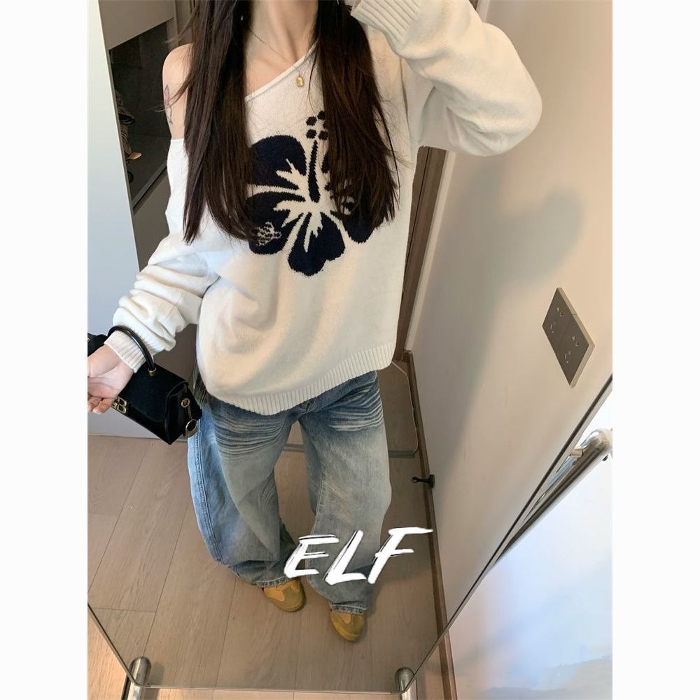ELFwoo เสื้อกันหนาวสำหรับผู้หญิง ทำจากผ้าแจ็คการ์ด ไหล่เอียงยาว เหมาะสำหรับฤดูหนาวหรืออากาศเย็น