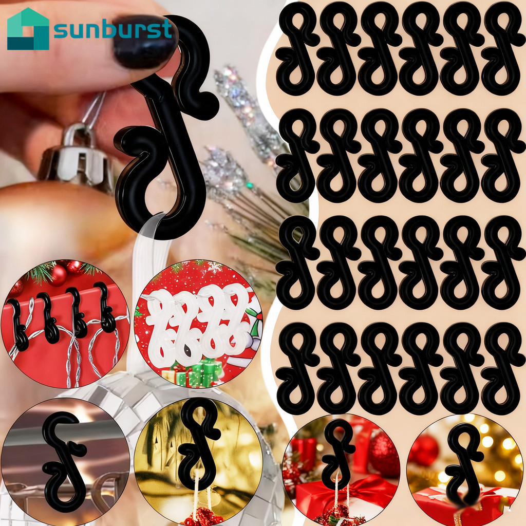 [HGB]100 ชิ้น S ตะขอสําหรับตกแต่งต้นคริสต์มาส, ตะขอสีดําพลาสติกสําหรับเครื่องประดับและไฟ, ตะขอแขวนที่ทนทานแบบใช้ซ้ําได้สําหรับผ้าม่านอาบน้ํา