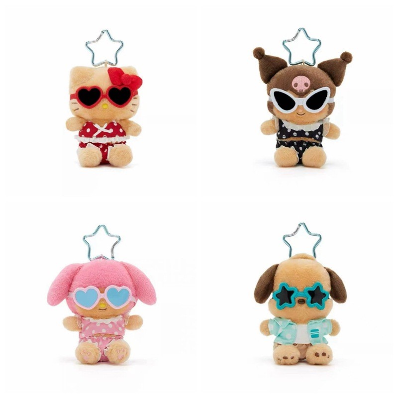 Sanrio Hawaii Hello Kitty Kuromi Cinnamoroll Tanning Plushie ของเล่นน่ารักพวงกุญแจกระเป๋าจี้เด็กของขวัญ