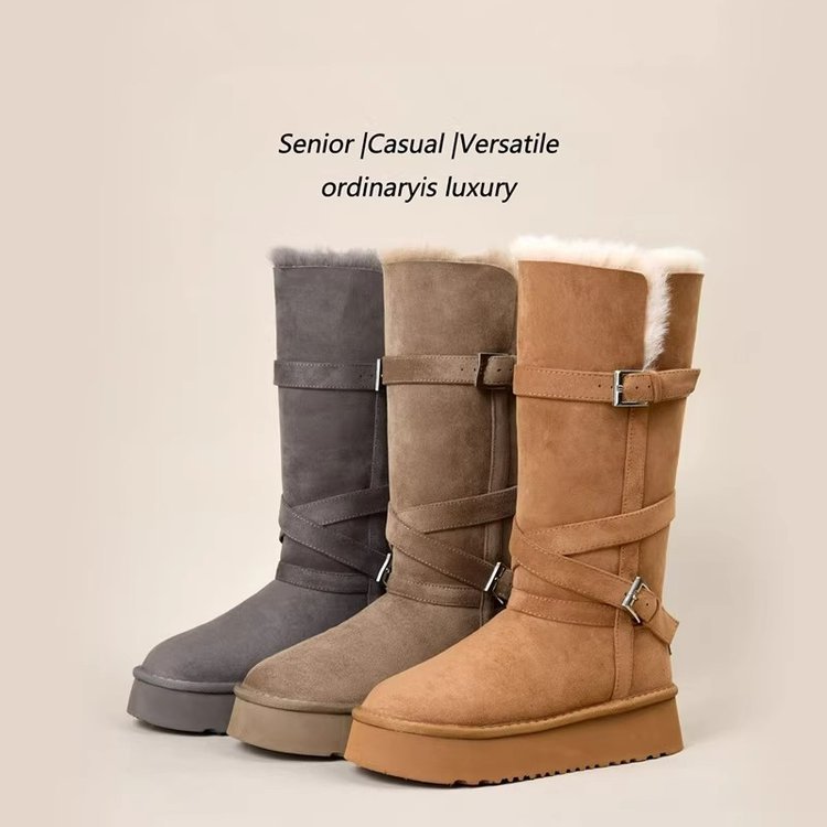 รองเท้าบูทหิมะยาวถึงเข่า สไตล์แพลตฟอร์มสีเทา สำหรับฤดูหนาว อบอุ่นและบุขนเพื่อความสบาย