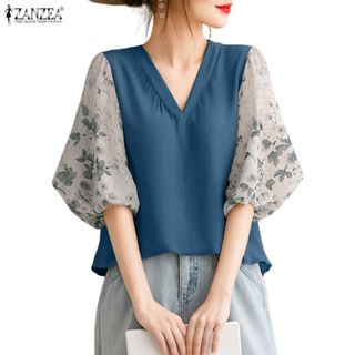 เสื้อเบลาส์แขนสั้นคอวีพิมพ์ลายดอกไม้สไตล์เกาหลีสำหรับผู้หญิง…