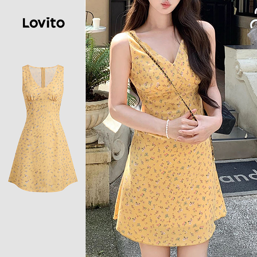 Lovito เสื้อผ้าสไตล์แคชชวล ดอกไม้ ชุดสีเหลืองสบายๆ สำหรับฤดูใบไม้ผลิ/ฤดูร้อน สำหรับผู้หญิง L139AD388