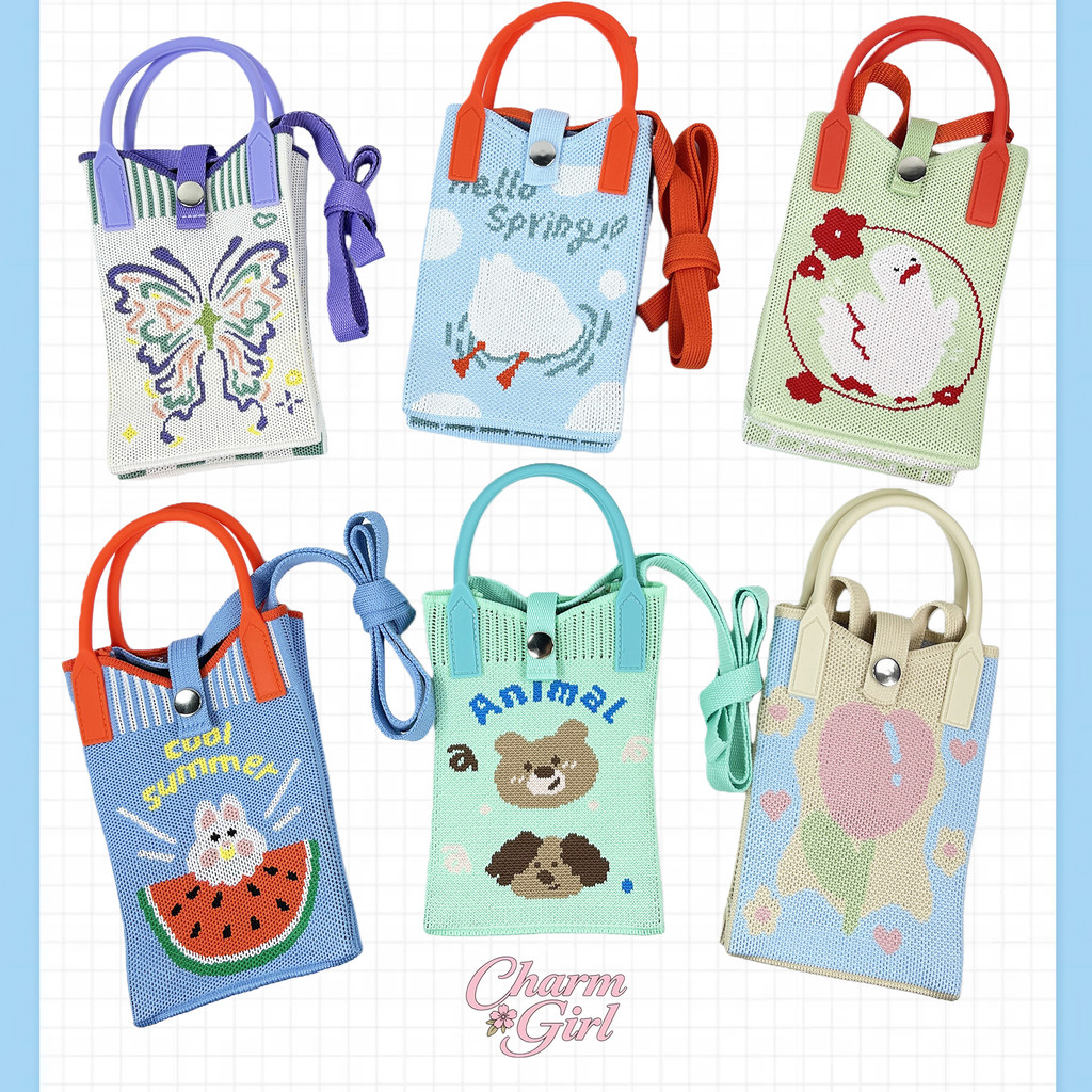 กระเป๋าสะพายข้าง  ผ้าถัก    สไตล์เกาหลี ลายการ์ตูนน่ารัก กระเป๋าใส่โทรศัพท์ มีหลายแบบให้เลือก   ส่งจากไทย