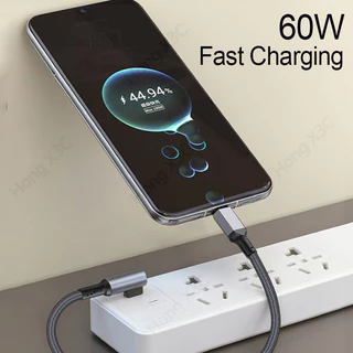 90° ข้อศอก USB Type C ถึง Type C/IOS สายเคเบิลข้อมูลโทรศัพท์ 0.2 M/0.5 M Power Bank สายสั้น 60W Fast Charging ถักข้อมูลสายไฟรถ Charger สําหรับ IOS/Type C