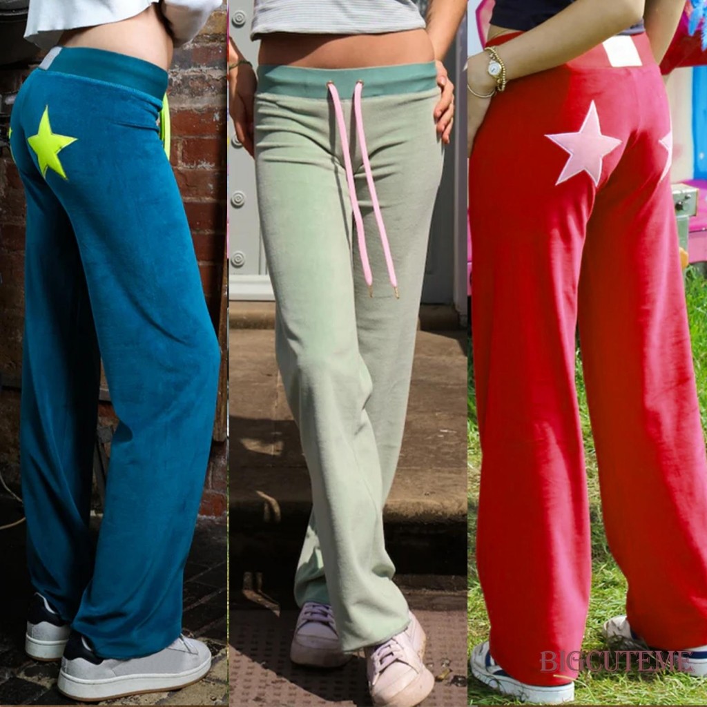 กางเกงขายาวผู้หญิง สไตล์ Star Patch มีเอวยางยืดและสายปรับ.Drawstring สวมใส่ง่าย เหมาะสำหรับการแต่งตัวลำลอง