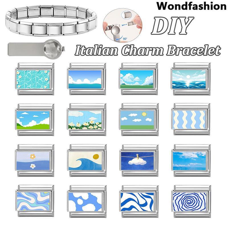 พิมพ์ภาพ Sky Blue Series สร้อยข้อมือItalian Charm สแตนเลสขนาด 9 มม. เสริมบุคลิกภาพในสไตล์เรโทร