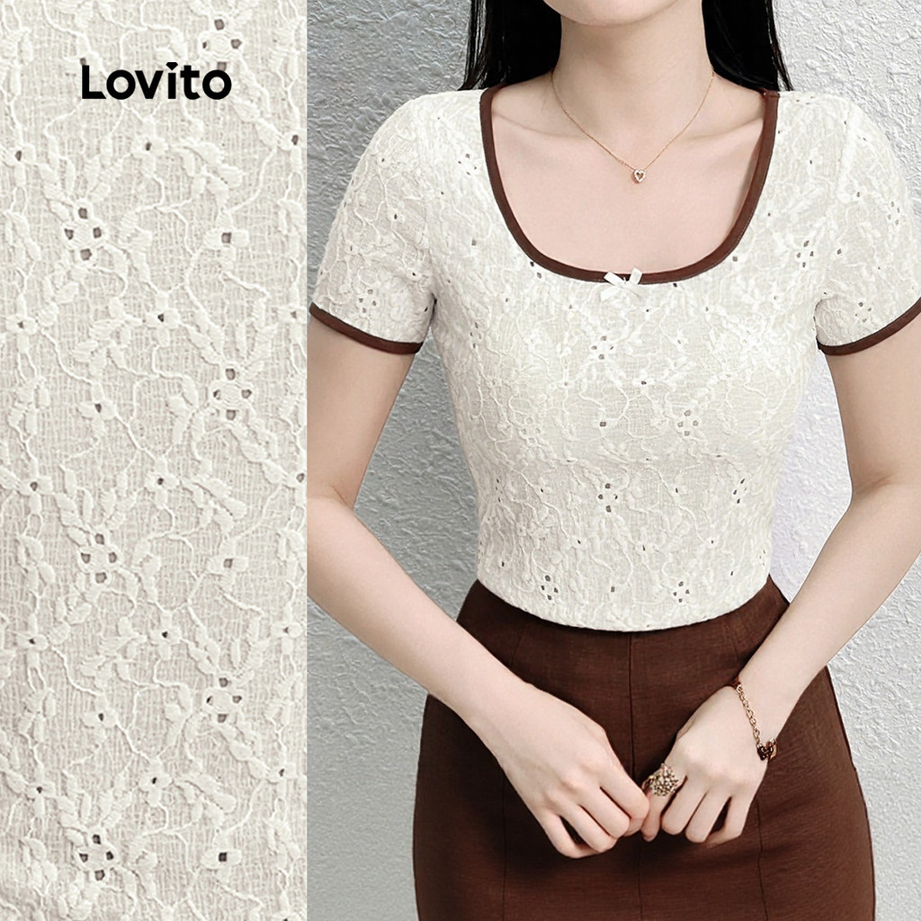 Lovito เสื้อยืดคอกลมแบบลายบล็อกสี สำหรับฤดูใบไม้ผลิ/ฤดูร้อน สีแอปริคอท L150ED082