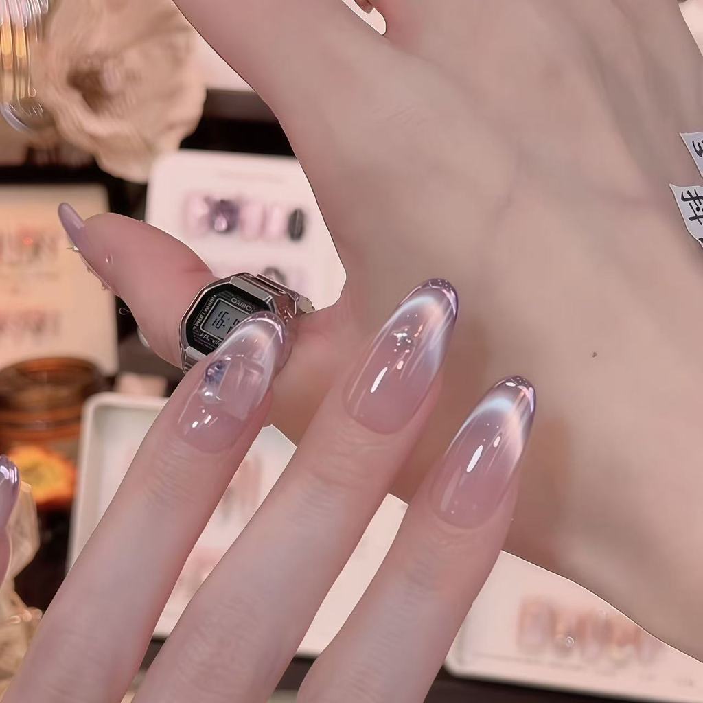 แฮนด์เมดเล็บเทียมเล็บปลอมSmiling Cat Eye Almond Nail Patch แพทช์เล็บที่ถอดออกได้