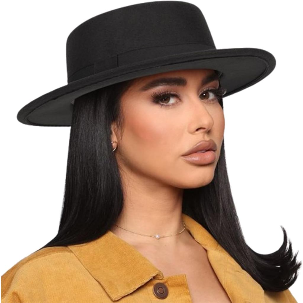 Pork-Pie-Fedora-Hat Wide Brim Felt Flat-Top-Bower Hat for Men Women(Size:M)