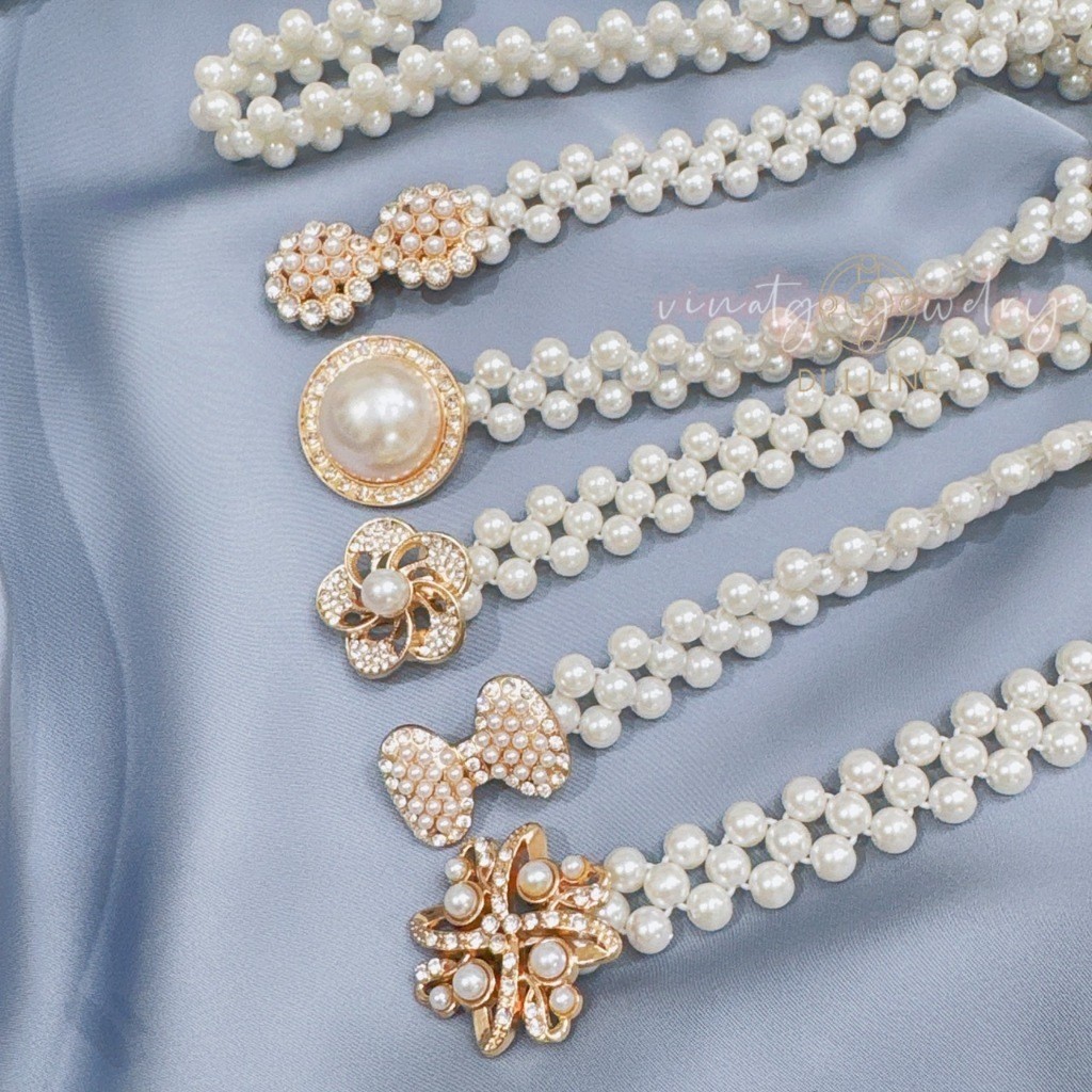 Vintage Jewelry ผู้หญิงเข็มขัดมุกเอวบางโซ่แฟชั่นเข็มขัดยางยืด