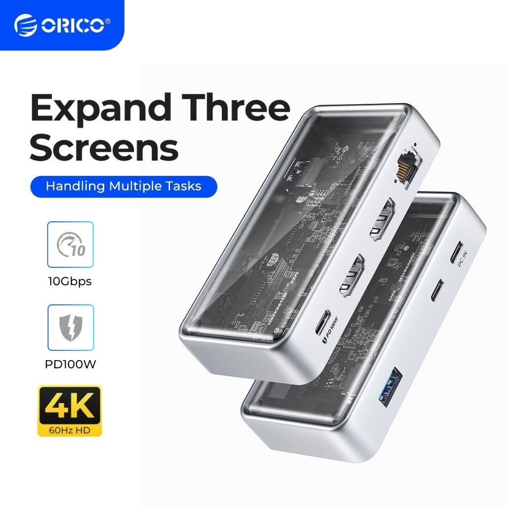 ORICO USB C Expansion Dock Type C to 4K60Hz DP HDMI Com 3 Different displays RJ45 PD 7 in 1 multiaud