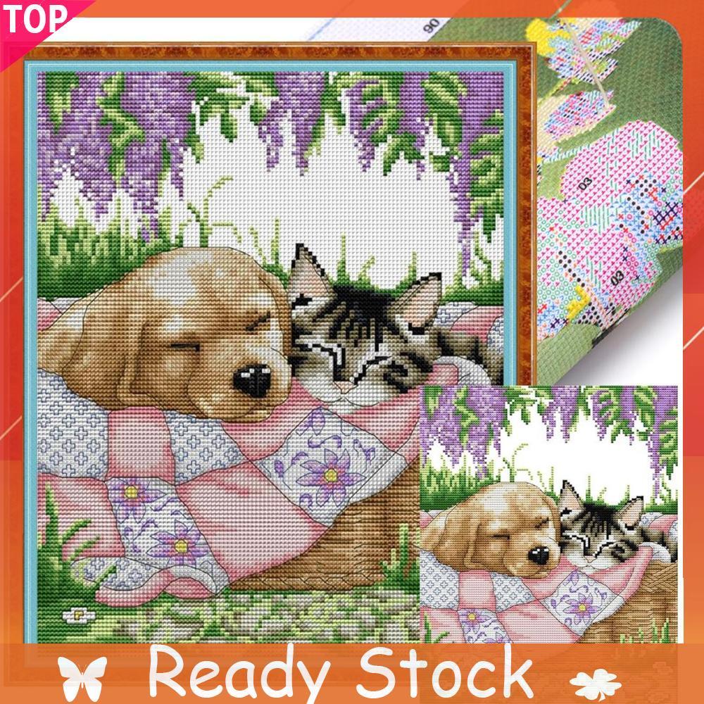 ด้ายผ้าฝ้าย.Cross Stitch สุนัขและแมวกำลังนอนพัก ขนาด 28x33 ซม.