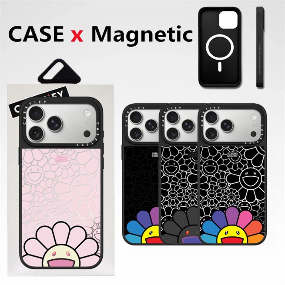 CaseTifg MULTI FLOWERS Takashi Murakami กระจกเคสโทรศัพท์แม่เหล็กสําหรับ iPhone 17 12 13 14 15 16 Pro Max Plus Air พร้อมกล้องด้านข้าง Ai ปุ่มปกหลังปลอกกันกระแทก