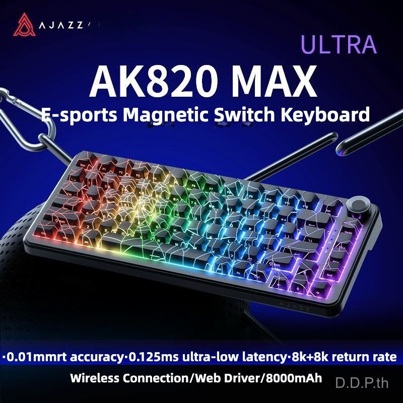 Ajazz AK820MAX ULTRA Magnetic Switch คีย์บอร์ดสามโหมดไร้สาย Rapid Trigger 8Khz RGB บลูทูธ 2.4g แบบมี