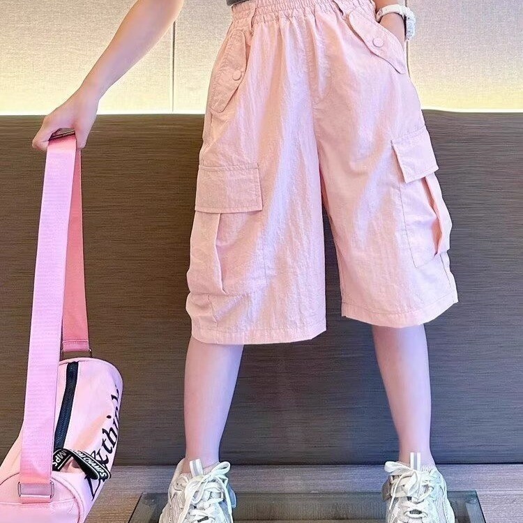 กางเกงขาสั้นผ้าไหมน้ำแข็งสำหรับวัยรุ่นหญิง อายุ 5-16 ปี ดีไซน์เกาหลี มีหลายกระเป๋า