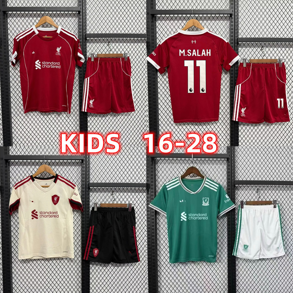 Kids Kit 2025 2026 ฤดูกาลการแข่งขัน Liverpool Home Away ชุดชิ้นที่สามชุดเจอร์ซีย์เด็ก