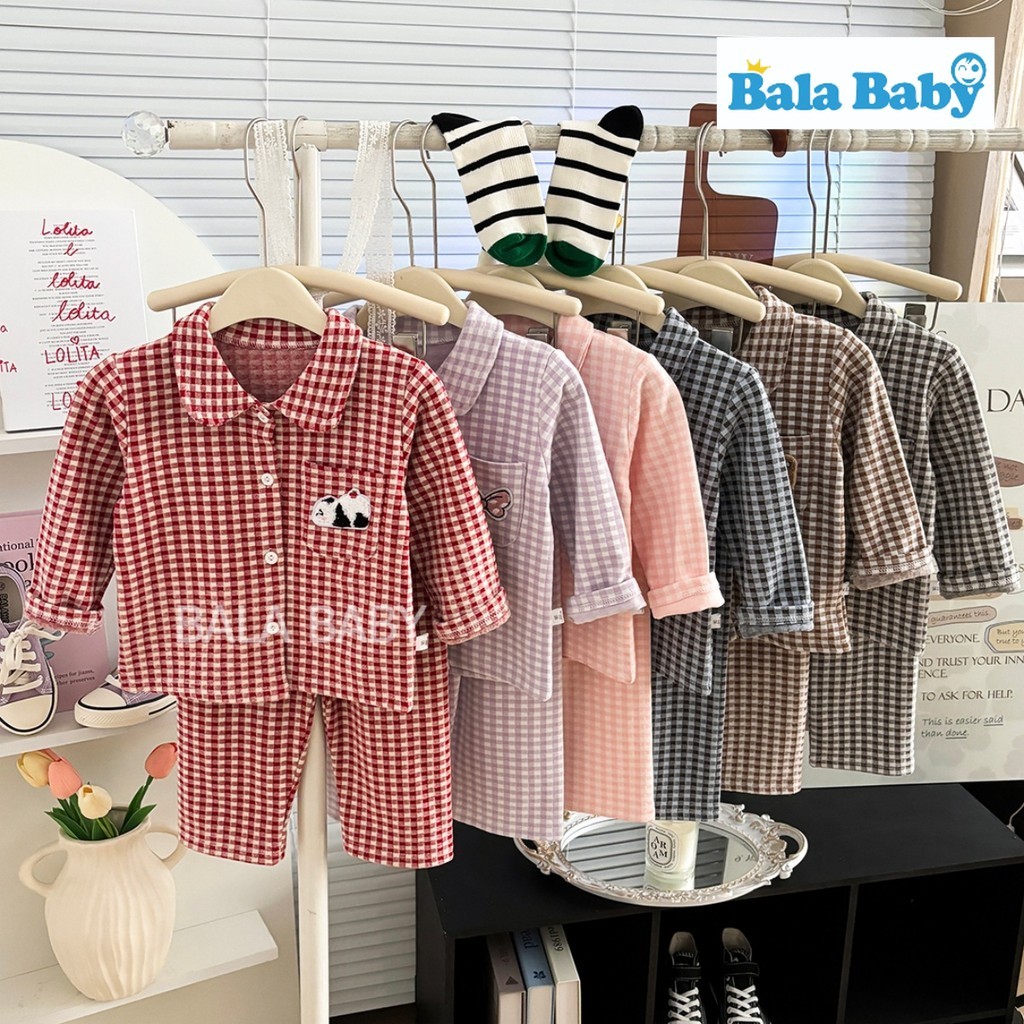 ชุดนอนเด็ก ชุดนอนกันหนาวลายสก็อต ดีไซน์คอปก เสื้อแขนยาว+กางเกงขายาว Size90-120cm CXT22